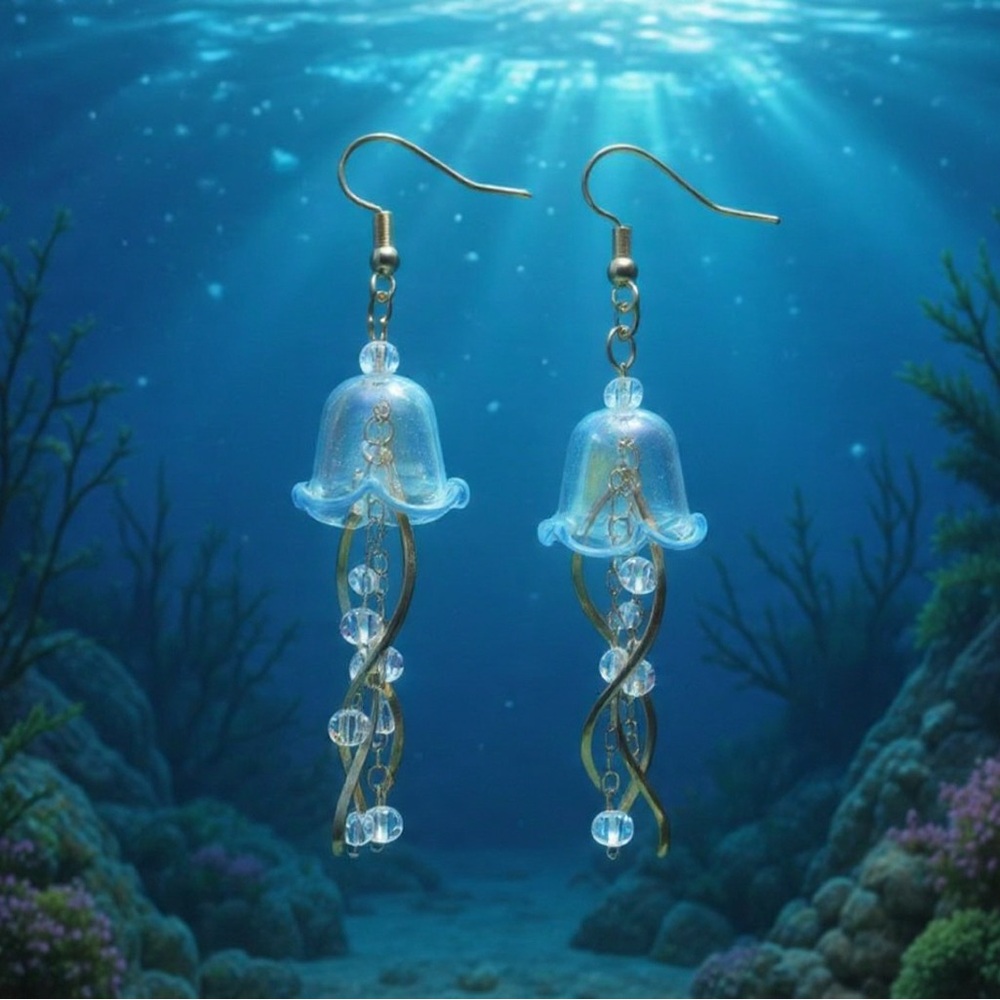 Gold and Blue Jellyfish Dangly Earrings